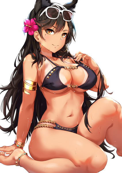 Anime picture 1000x1414 with azur lane atago (azur lane) sakiyamama single long hair tall image looking at viewer blush fringe breasts light erotic black hair simple background smile hair between eyes large breasts white background sitting brown eyes animal ears