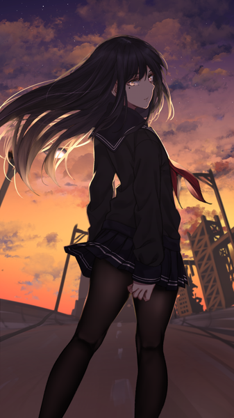 Anime picture 1080x1920 with original saitou (lynx-shrike) single long hair tall image looking at viewer fringe black hair hair between eyes standing yellow eyes sky cloud (clouds) outdoors long sleeves pleated skirt looking back wind mole mole under eye