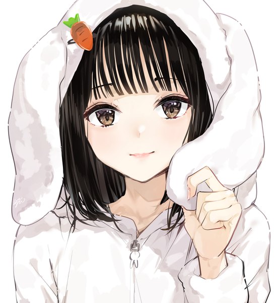 Anime picture 3079x3346 with original takenoko no you single long hair tall image looking at viewer fringe highres black hair simple background white background brown eyes animal ears absurdres upper body blunt bangs bunny ears cute animal hood girl