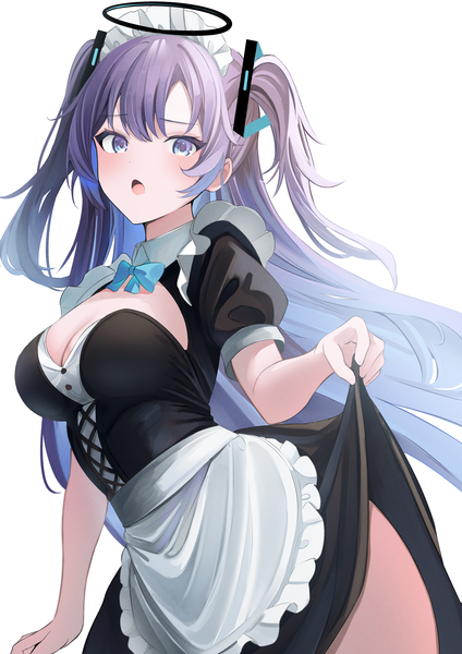 Anime picture 1447x2046 with blue archive yuuka (blue archive) touyou (39kir) single long hair tall image looking at viewer blush fringe breasts open mouth light erotic simple background hair between eyes large breasts standing white background purple eyes :o maid