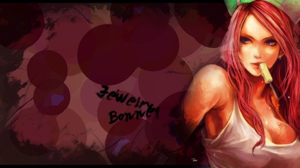 Anime picture 1920x1080 with one piece toei animation jewelry bonnie tsuyomaru single long hair highres light erotic wide image purple eyes bare shoulders pink hair armpit (armpits) tattoo piercing girl hat shirt food sweets