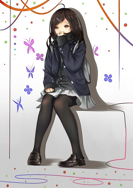 Anime picture 800x1131 with original kr (sapphire) single long hair tall image looking at viewer black hair white background sitting brown eyes ahoge bent knee (knees) long sleeves pleated skirt grey background open jacket shadow gradient background finger to mouth covering