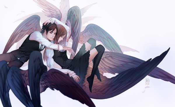 Anime picture 1500x925 with original saiprin long hair short hair blue eyes black hair red eyes brown hair wide image signed bent knee (knees) red hair head tilt profile tattoo leaning no shoes hug angel wings black wings