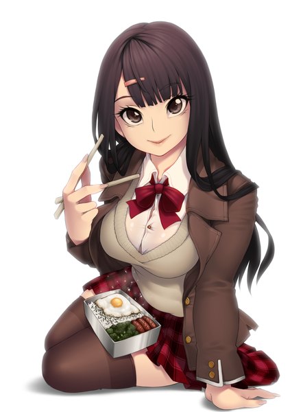 Anime picture 875x1241 with original yin-ting tian single long hair tall image looking at viewer black hair smile white background brown eyes girl thighhighs skirt black thighhighs food obento