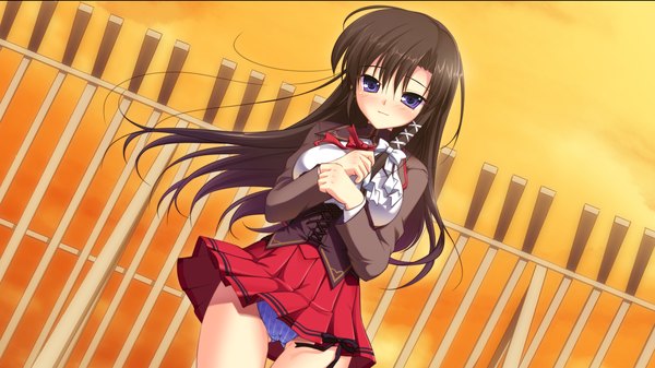 Anime picture 2560x1440 with manatsu no yoru no yuki monogatari akigase nozomi mikeou long hair blush highres light erotic black hair wide image purple eyes game cg pantyshot girl skirt uniform underwear school uniform miniskirt