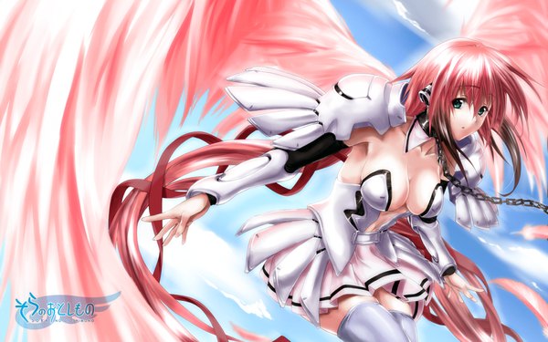 Anime picture 1440x900 with sora no otoshimono ikaros single long hair breasts light erotic wide image green eyes pink hair cleavage girl wings