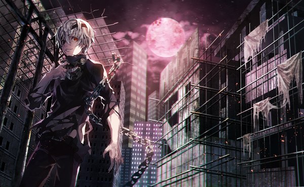 Anime picture 1200x740 with tokyo ghoul studio pierrot kaneki ken ser323 single fringe short hair smile red eyes wide image standing cloud (clouds) white hair night from below torn clothes red moon boy building (buildings) moon