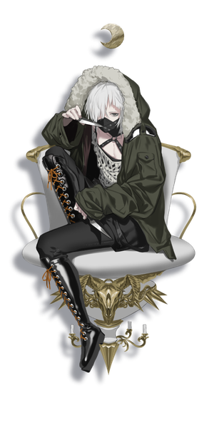 Anime picture 512x1024 with caligula shadow knife oguchi (sugimoto gang) single tall image looking at viewer fringe short hair sitting holding full body white hair hair over one eye official art grey eyes fur trim transparent background lacing boy weapon