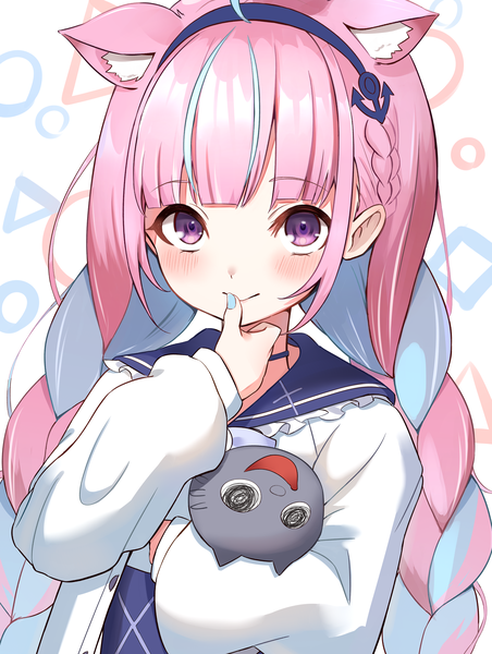 Anime picture 3541x4705 with virtual youtuber hololive minato aqua minato aqua (sailor) neko (minato aqua) appo (36786257) single long hair tall image looking at viewer blush highres smile purple eyes animal ears blue hair pink hair absurdres upper body ahoge