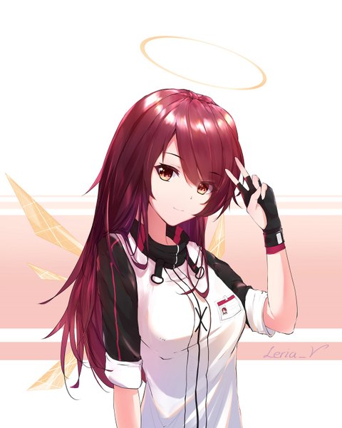 Anime picture 1200x1500 with arknights exusiai (arknights) leria v single long hair tall image looking at viewer fringe simple background hair between eyes standing signed yellow eyes upper body red hair light smile girl gloves wings black gloves