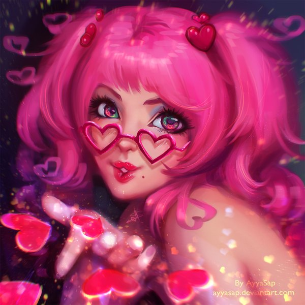 Anime picture 2000x2000 with original ayyasap single long hair looking at viewer highres signed pink hair pink eyes lips realistic mole mole under mouth valentine girl glasses
