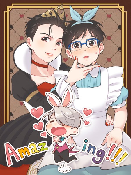 Anime picture 600x800 with alice in wonderland yuri!!! on ice mappa alice (wonderland) viktor nikiforov white rabbit katsuki yuuri queen of hearts ruei chicking tall image blush fringe short hair black hair smile brown eyes animal ears ahoge tail eyes closed