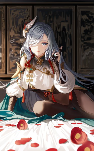 Anime picture 800x1287 with genshin impact shenhe (genshin impact) silence girl single long hair tall image looking at viewer fringe blue eyes light erotic silver hair indoors nail polish hair over one eye arm support adjusting hair girl flower (flowers) petals cape