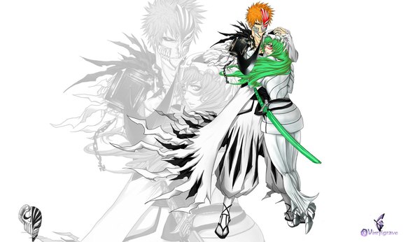 Anime picture 2080x1200 with bleach studio pierrot kurosaki ichigo nelliel tu odelschwanck highres wide image white background espada