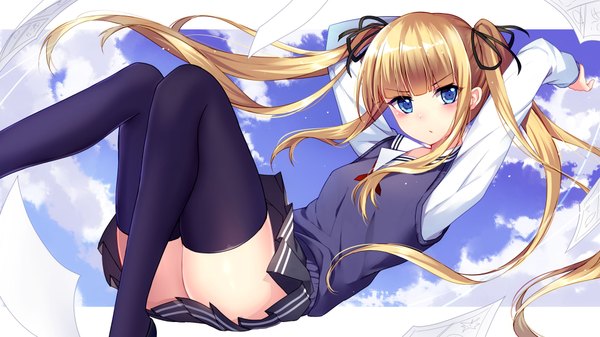 Anime picture 1920x1080 with saenai heroine no sodatekata a-1 pictures sawamura spencer eriri bison cangshu single long hair looking at viewer blush fringe highres blue eyes light erotic blonde hair wide image twintails sky cloud (clouds) girl thighhighs skirt