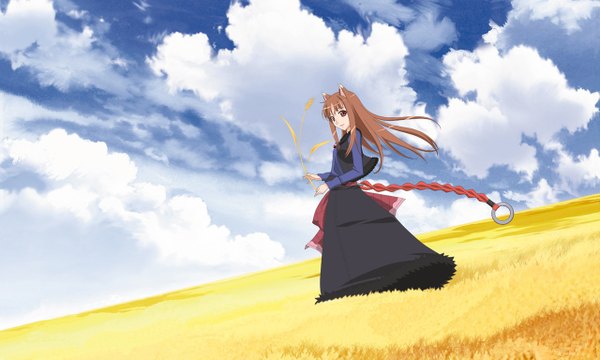 Anime picture 1280x768 with spice and wolf horo single long hair red eyes brown hair wide image standing animal ears sky cloud (clouds) wolf ears wolf girl field girl colossus