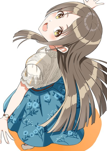 Anime picture 1429x2000 with idolmaster gakuen idolmaster kuramoto china kamelie single long hair tall image looking at viewer blush open mouth simple background brown hair white background brown eyes :d from above floral print spread arms girl skirt