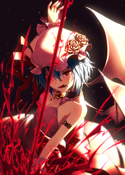 Anime picture 1036x1450 with touhou remilia scarlet greenkohgen single tall image fringe short hair open mouth hair between eyes red eyes blue hair arm up fang (fangs) bat wings girl dress hat wings bonnet pink dress