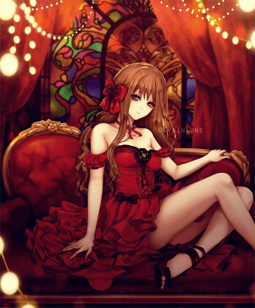 Anime picture 796x960 with original syrinlune single long hair tall image looking at viewer breasts light erotic red eyes brown hair bare shoulders bent knee (knees) light smile arm support legs girl bow hair bow shoes curtains