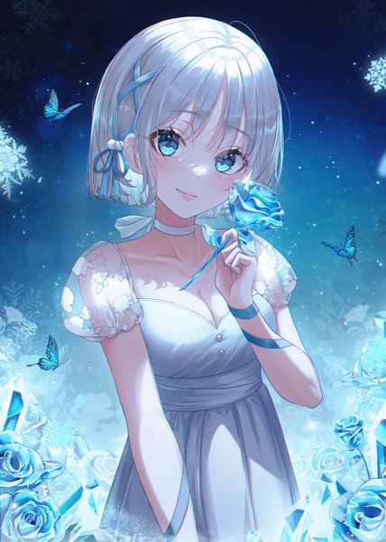 Anime picture 2951x4137 with original pora 0918 single tall image looking at viewer blush fringe highres short hair breasts blue eyes smile standing holding cleavage silver hair blunt bangs head tilt arm up short sleeves