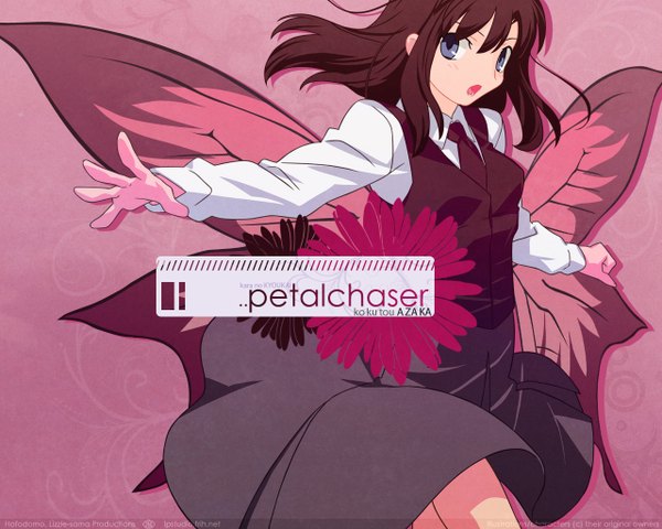 Anime picture 1280x1024 with kara no kyoukai type-moon kokutou azaka single open mouth brown hair purple eyes pink background insect wings butterfly wings girl skirt flower (flowers)