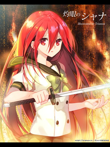 Anime picture 600x800 with shakugan no shana j.c. staff shana trianon single long hair tall image fringe open mouth hair between eyes red eyes holding signed looking away upper body red hair pleated skirt arm up :o short sleeves