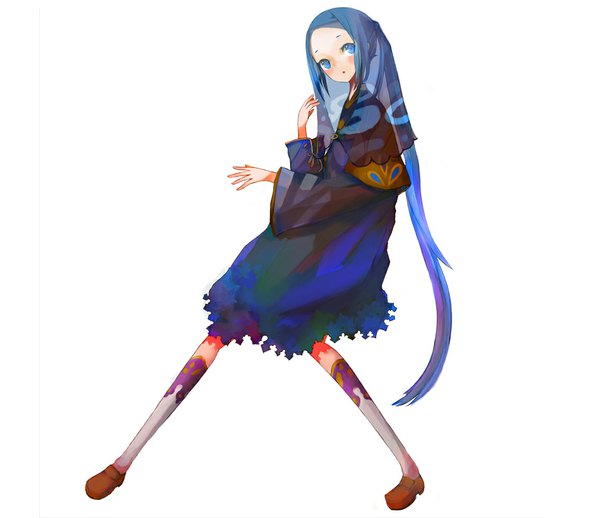 Anime picture 1024x885 with zaregoto series kunagisa tomo jasmine (pixiv) single long hair blush blue eyes simple background white background blue hair ponytail girl dress