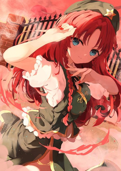 Anime picture 1448x2048 with touhou hong meiling hunya single long hair tall image looking at viewer fringe blue eyes standing outdoors red hair braid (braids) nail polish fingernails light smile arms up short sleeves twin braids side slit