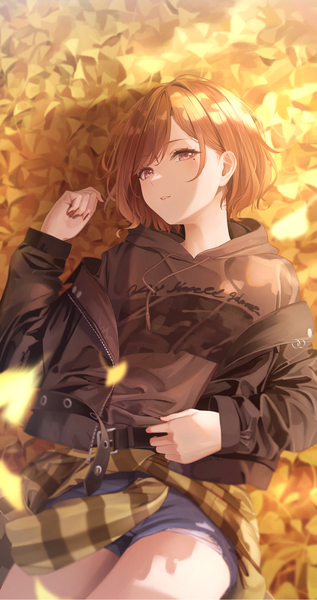 Anime picture 2160x4093 with idolmaster idolmaster shiny colors higuchi madoka fujizarashi single tall image looking at viewer highres short hair brown hair purple eyes outdoors lying off shoulder mole open jacket on back mole under eye shaded face autumn
