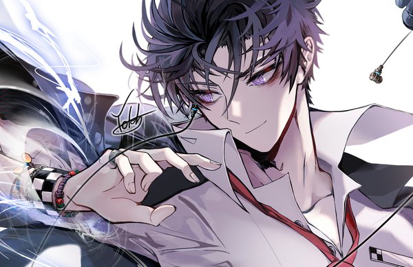 Anime picture 1346x871 with maplestory kinesis yoteh single fringe short hair black hair smile hair between eyes white background purple eyes signed looking away upper body magic open collar clothes on shoulders checkered smirk boy