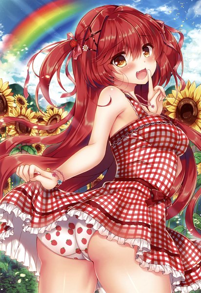 Anime picture 2269x3300 with original suzunone rena single long hair tall image looking at viewer blush fringe highres open mouth light erotic hair between eyes standing twintails bare shoulders brown eyes payot sky cloud (clouds) ass