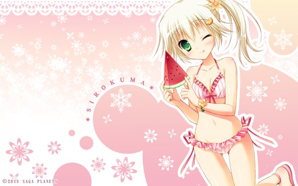 Anime picture 1920x1200 with hatsuyuki sakura sirokuma moribe (rabumanyo) blush highres short hair blonde hair wide image green eyes one eye closed wink side ponytail girl navel swimsuit bikini food berry (berries) striped bikini watermelon