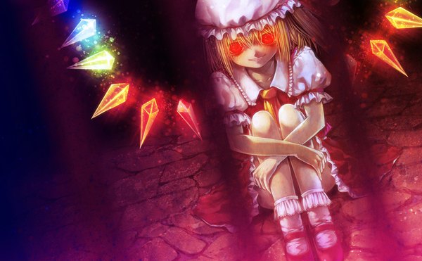 Anime picture 1146x709 with touhou flandre scarlet misaki (kyal 001) single long hair looking at viewer blonde hair red eyes wide image sitting ponytail glowing side ponytail glowing eye (eyes) girl skirt miniskirt socks shoes frills