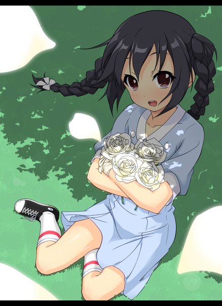 Anime picture 1200x1650 with k-on! kyoto animation nakano azusa k10k tall image blush open mouth black hair red eyes braid (braids) twin braids girl flower (flowers) petals socks white socks