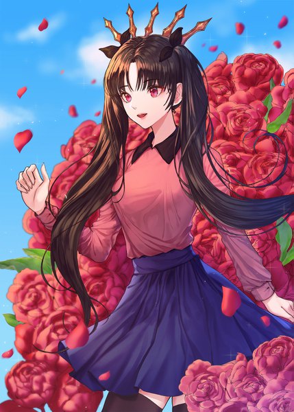 Anime picture 999x1398 with fate (series) fate/grand order ishtar (fate) helawid single long hair tall image fringe breasts open mouth black hair smile red eyes standing twintails looking away sky cloud (clouds) long sleeves :d