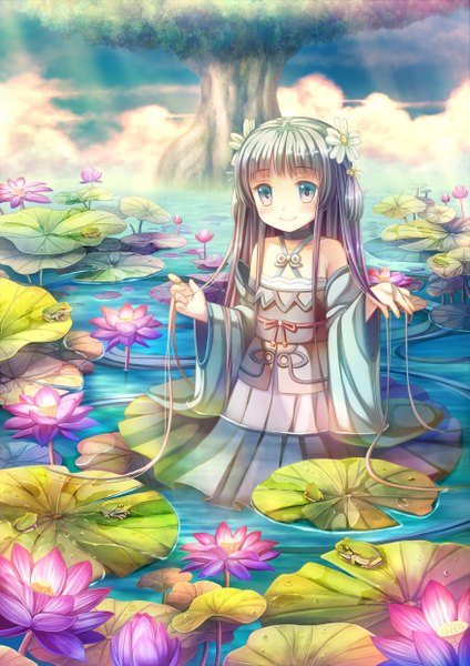 Anime picture 1753x2480 with original namaru (summer dandy) long hair tall image blush highres smile green eyes green hair girl dress flower (flowers) plant (plants) detached sleeves tree (trees) water