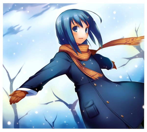 Anime picture 4492x4037 with original nanakusa single looking at viewer highres short hair blue eyes blue hair absurdres scan snowing spread arms winter snow girl gloves plant (plants) tree (trees) scarf coat