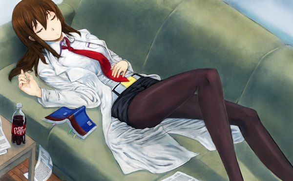 Anime picture 1800x1113 with steins;gate white fox dr pepper makise kurisu single long hair highres brown hair wide image eyes closed sleeping product placement girl shirt pantyhose necktie shorts belt book (books) short shorts