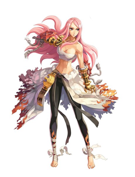 Anime picture 1572x2048 with ragnarok online single long hair tall image light erotic simple background white background pink hair cleavage barefoot midriff torn clothes soles navel belt bandage (bandages) gauntlets sarashi