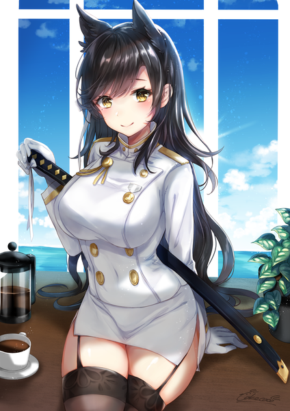 Anime picture 1447x2047 with azur lane atago (azur lane) cokecoco single long hair tall image looking at viewer blush fringe breasts black hair smile large breasts standing holding signed animal ears yellow eyes sky cloud (clouds)