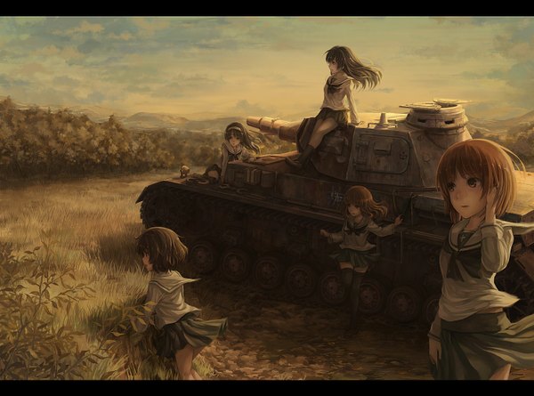 Anime picture 1500x1114 with girls und panzer nishizumi miho akiyama yukari takebe saori reizei mako isuzu hana lif (lif-ppp) long hair short hair black hair brown hair multiple girls brown eyes letterboxed girl thighhighs skirt weapon black thighhighs miniskirt