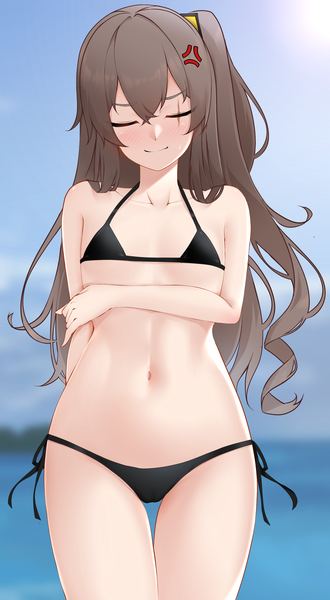 Anime picture 2200x4000 with girls frontline ump45 (girls frontline) z.taiga single long hair tall image blush fringe highres light erotic hair between eyes brown hair standing sky cloud (clouds) outdoors eyes closed sunlight blurry depth of field