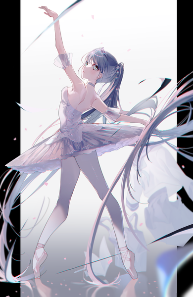 Anime picture 1009x1551 with original miwano rag single tall image looking at viewer fringe standing full body ponytail blunt bangs very long hair arm up aqua eyes grey hair back bare back outside border pillarboxed ballerina ballet