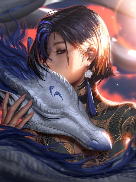 Anime-Bild 2500x3333 mit original yi (kiko.l) liang xing single tall image looking at viewer fringe highres short hair black hair red eyes upper body profile multicolored hair hair over one eye realistic two-tone hair tattoo streaked hair fantasy