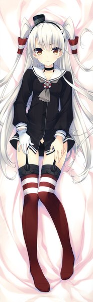 Anime picture 2278x7371 with kantai collection amatsukaze destroyer suzuhira hiro single long hair tall image highres light erotic brown eyes white hair two side up pantyshot girl thighhighs underwear panties hat hair tubes mini hat