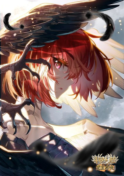 Anime-Bild 1080x1528 mit douluo continent yuanen yehui (douluo dalu) dr. daji bart. d single tall image looking at viewer fringe short hair red eyes cloud (clouds) upper body red hair profile hair over one eye copyright name floating hair white wings girl animal