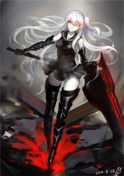 Anime picture 1000x1414 with kantai collection aircraft carrier hime kirigaku luo single long hair tall image looking at viewer fringe breasts red eyes standing white hair high heels one side up pale skin shinkaisei-kan girl thighhighs gloves weapon