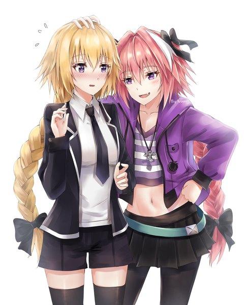 Anime-Bild 1600x2000 mit fate (series) fate/grand order fate/apocrypha jeanne d'arc (fate) (all) jeanne d'arc (fate) astolfo (fate) namii long hair tall image blush fringe open mouth simple background blonde hair hair between eyes white background purple eyes signed pink hair braid (braids)