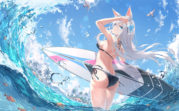 Anime picture 1668x1034 with original fuuro (johnsonwade) single long hair fringe breasts blue eyes light erotic smile hair between eyes wide image standing holding animal ears sky cloud (clouds) outdoors ass white hair looking back