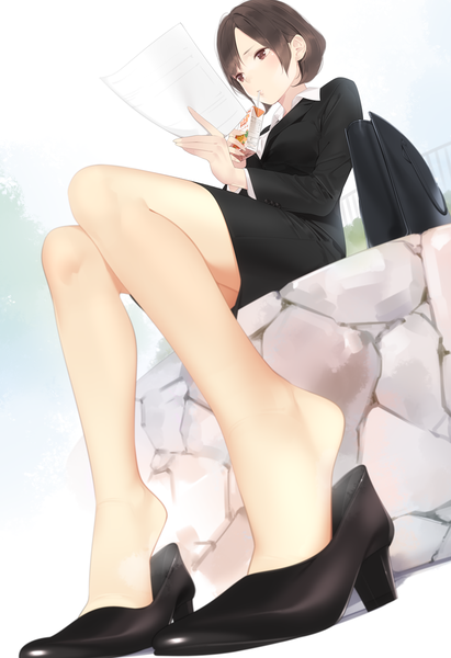Anime picture 755x1100 with original ama mitsuki single tall image blush short hair light erotic brown hair sitting holding brown eyes looking away full body bent knee (knees) bare legs from below high heels drinking office lady formal